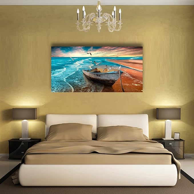 Beach Sunset Pictures Canvas Wall Art For Living Room Bedroom Wall Decor,Seascape Wall Art Print Paitnings For Home Decor,Morden Artwork Boat Canvas Art Waterproof Ready To Hang-28x57 Inches