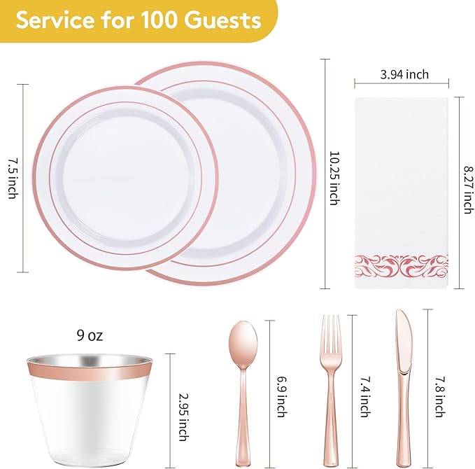 Goodluck 700 Piece Rose Gold Dinnerware Set for 100 Guests, Plastic Plates Disposable for Party, Include: 100 Dinner Plates, 100 Dessert Plates, 100 Paper Napkins, 100 Cups, 100 Silverware Set