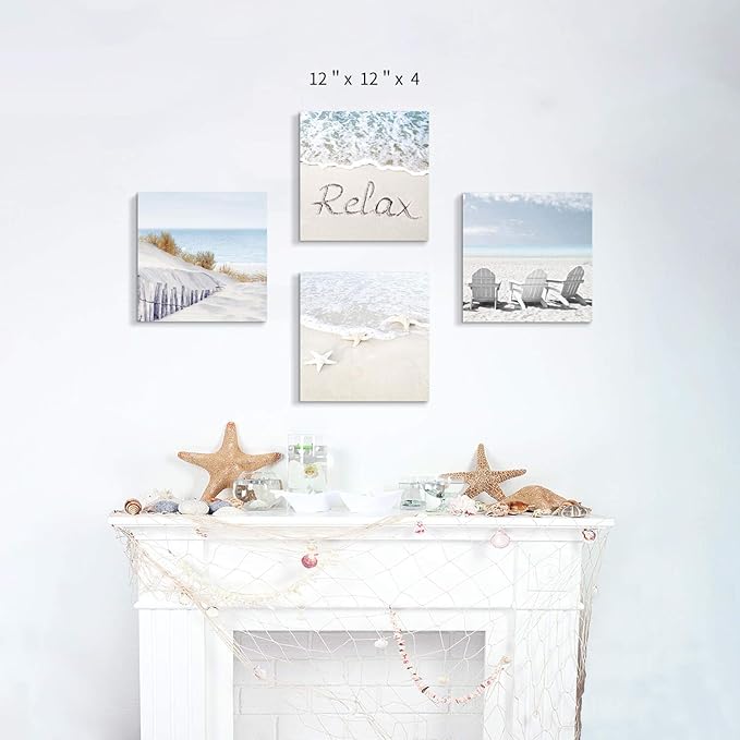 Coastal Artwork Beach Wall Art: Starfish & Chairs on Sand Painting with Word Picture on Canvas for Living Room (12” x 12'' x 4 Panels)