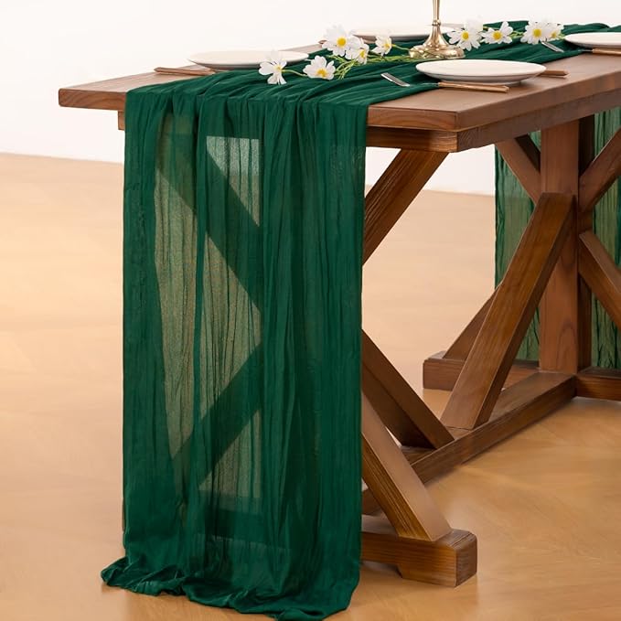 Socomi 10pcs Emerald Green Cheesecloth Table Runner Fall Thanksgiving Boho Rustic Gauze 120 inch 10FT Cheese Cloth Runner for Wedding Party Baby Shower Birthday Home Decor Holiday Decorations
