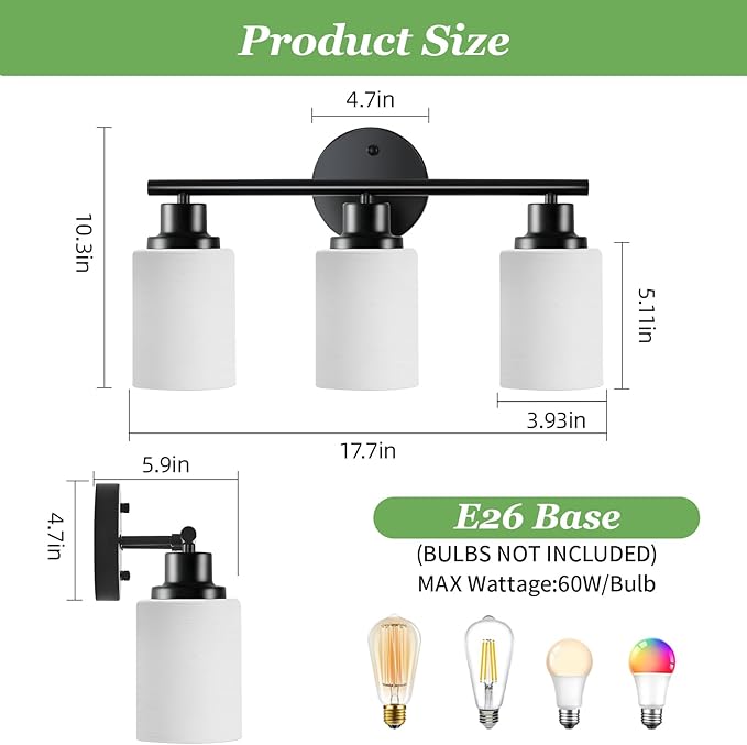 3-Light Black Bathroom Light Fixture with with Milky White Frosted Glass Shade, Matte Black Vantiy Lights for Bathoom Bedroom Living Room - E26 Base