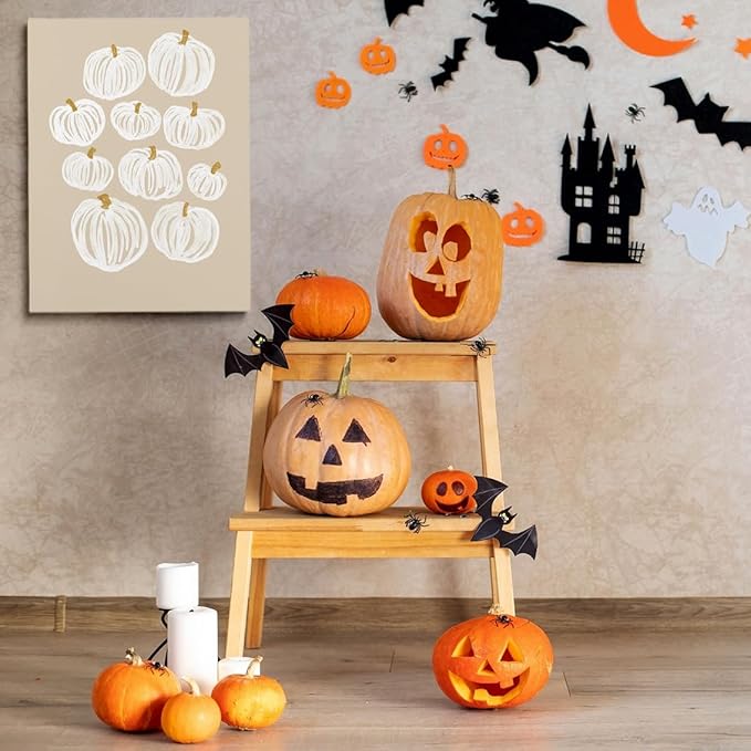 Generic Framed Neutral Pumpkin Painting Posters Modern Fall Canvas Print Wall Art, Beige Fall Decor Abstract Autumn Poster Halloween Decor 20x30""framed