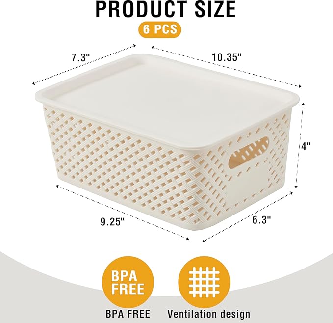 Small Plastic Twill Woven Storage Baskets with Lids, Stackable Organizing Containers with Labels for Pantry Closet Office, 6-Pack,10.35"x7.3"x4.09", White