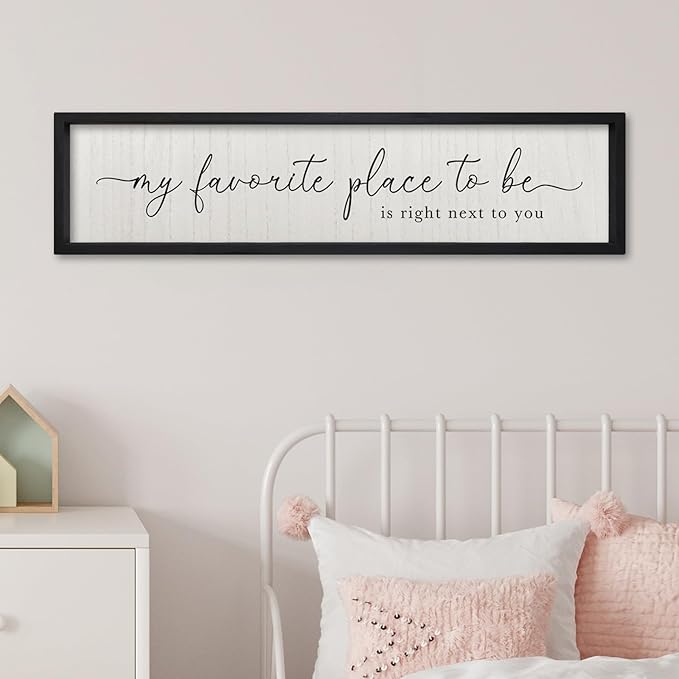 Love Quotes Wall Decor My Favorite Place To Be Sign 32"×8" Couples Love Theme Plaque Modren Farmhouse Master Bedroom Above Over Bed Wood Framed Wall Art (Black)