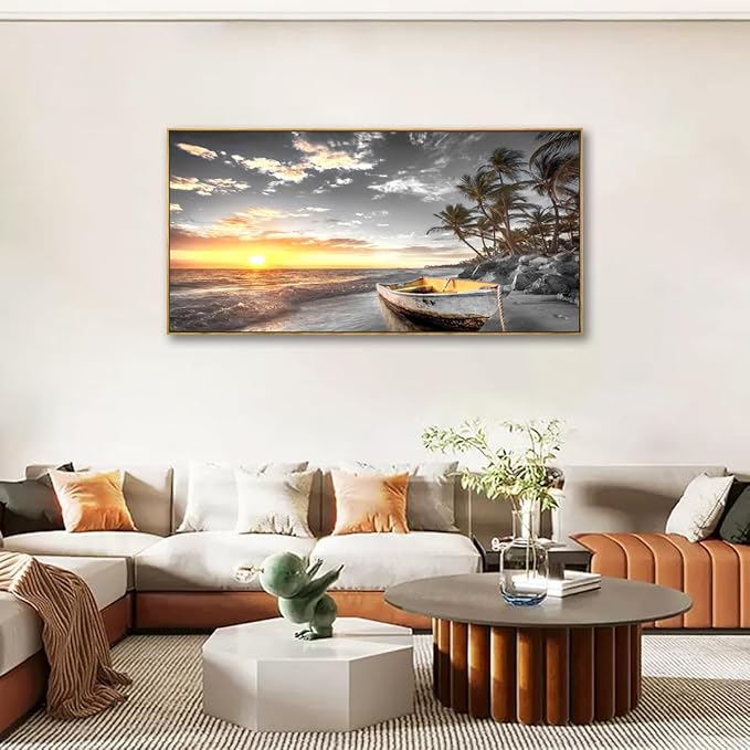 Beach Wall Art Sunset Seascape Pictures Bedroom Decor Boat Tree Ocean Landscape Canvas Wall Art for Living Room Office Natural Scenery Artwork 20 * 40inch