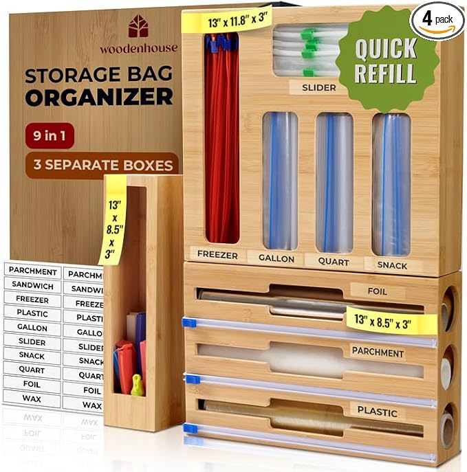 Bamboo Storage Bag Organizer, 9 in 1 Sandwich Bag Organizer, Aluminum Foil and Plastic Wrap Organizer with Labels Included. Baggie Organizer for drawer, Compatible with Gallon, Quart, Snack size bags