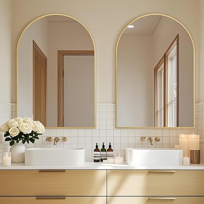 Arched Wall-Mounted Mirror, 24"x36" Arch Bathroom Mirror, Gold Vanity Mirror for Wall Décor, Wall Mirror with Metal Frame for Bedroom, Entryway, Living Room, Brushed Gold