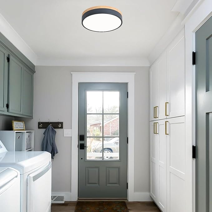 Dimmable Wood LED Ceiling Lights, Modern 2700K-6000K 5CCT Round Grey Flush Mount Lighting Fixture, Minimalist Ceiling Lamp for Bedroom, Kitchen, Hallway, Laundry Room-11.8in