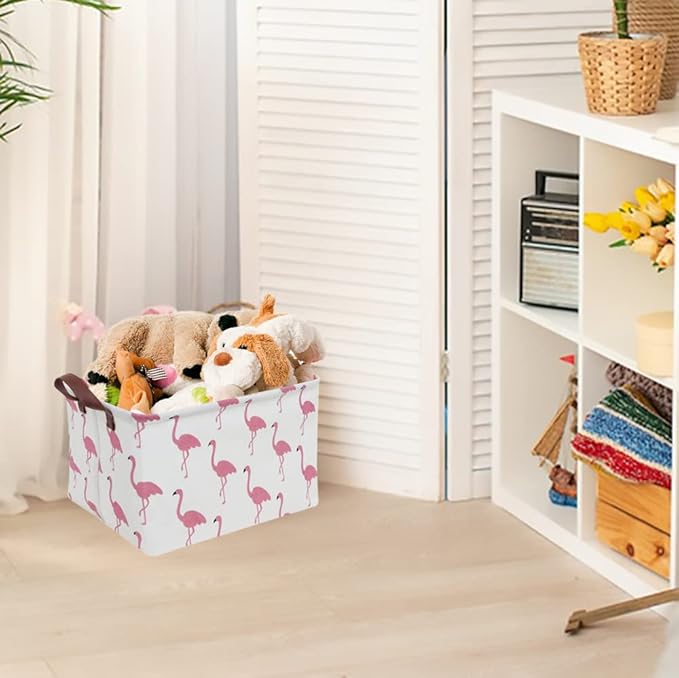 CLOCOR Rectangular Flamingo Storage Basket,Collapsible Cute Pattern Storage Bin,Waterproof Coating Storage Box with Handles,Gift Baskets, Shelf Basket (Flamingo)
