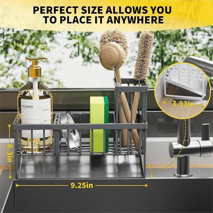 Cisily Sink Caddy Organzier with High Brush Holder, Sponge Holder for Sink, 304 Rustproof Stainless, Kitchen Countertop Soap Dispenser Organizer, Dark Gray Kitchen Decor and Accessories