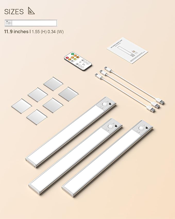 Under Cabinet Lights Wireless,12" Motion Sensor Light Indoor with Remote Control,2500mAh LED Rechargeable Battery Operated Closet Light,3 Color Temps,Under Counter Lights for Kitchen,Stairs,Hallway