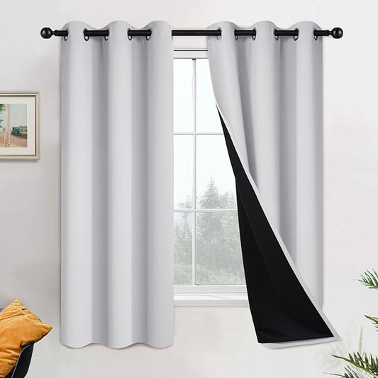 Yakamok 100% Blackout Curtains 63 Inches Long, 2 Thick Layers Heat and Full Light Blocking Soft Thermal Insulated Drapes for Bedroom(42" Wide Each Panel, Greyish White, 2 Panels)