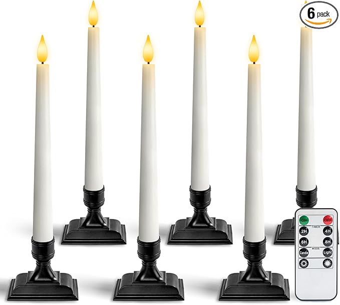Homemory Wax Window Candles with Remote Timer Dimmer, Battery Operated Candlesticks with Holders, Christmas LED Candlesticks for Window Home Part Decor, 6 Pcs White