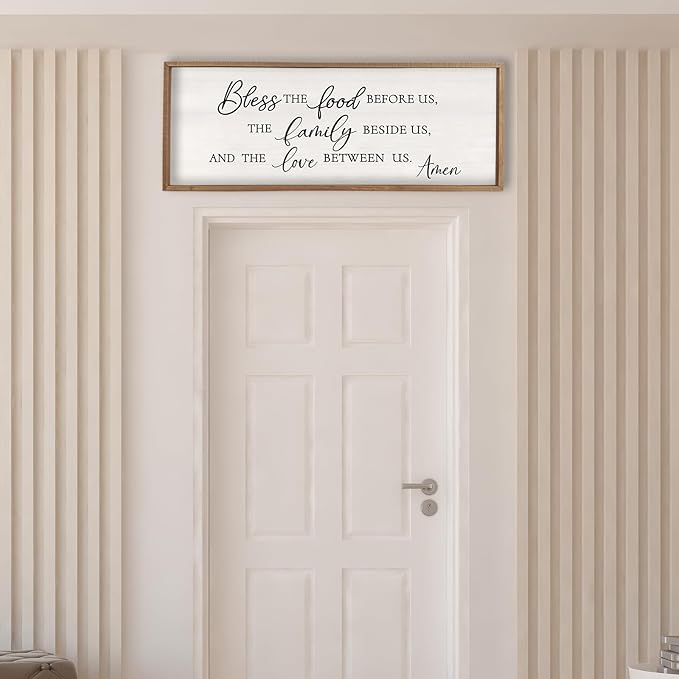 Surfapans Bless the Food Before Us Wall Decor, 40"X15" Farmhouse Dining Room Family Kitchen Sign, Christian Bible Verse Scripture Vintage Home Framed Wood Wall Art(Wood White)