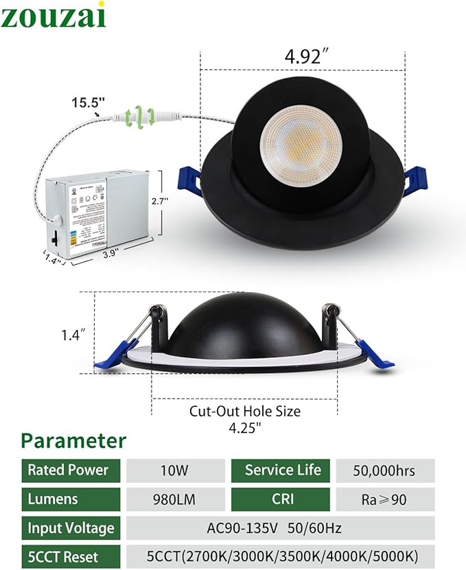 zouzai Second Generation 5CCT LED Gimbal Led Recessed Light with Junction Box, 360°+90° Adjustable Directional Eyeball Lighting, Dimmable, 2700K-5000K,ETL&Energy Star (Black 12 Pack, 4 inch)