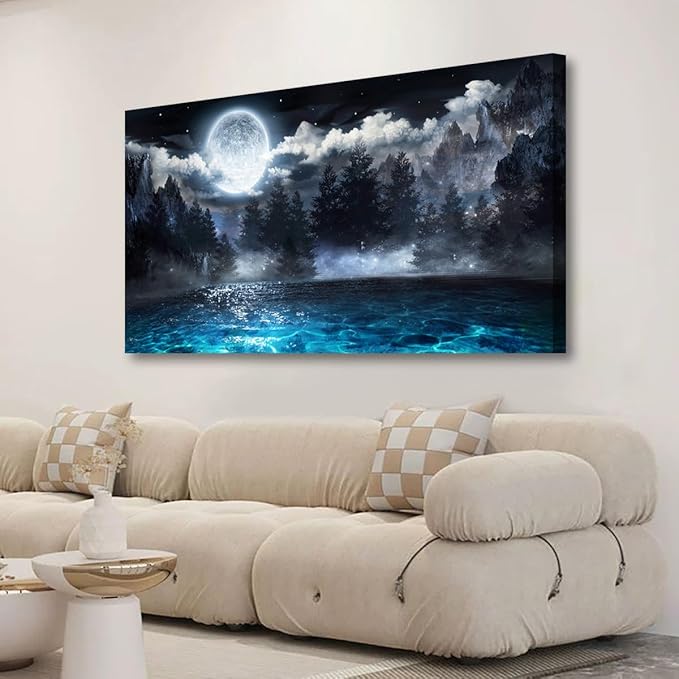 Moon Ocean Pictures Canvas Wall Art for Living room Office Bedroom Wall Decor,Ocean Wall Art Print Paintings Modern Mystery Cloud Forest Blue Lake Artwork Waterproof Ready to Hang-24X48 inch