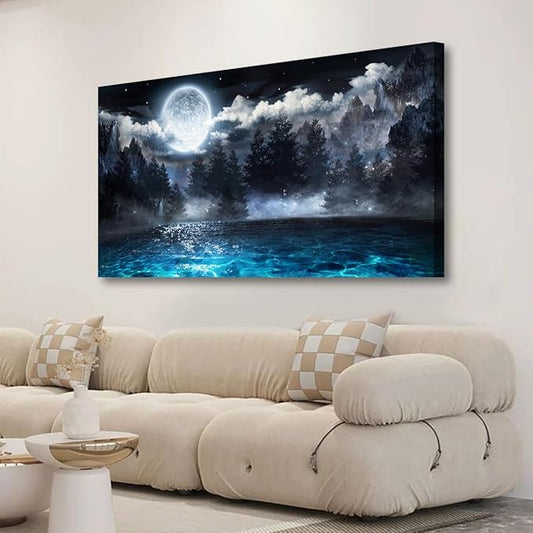 Moon Ocean Pictures Canvas Wall Art for Living room Office Bedroom Wall Decor,Ocean Wall Art Print Paintings Modern Mystery Cloud Forest Blue Lake Artwork Waterproof Ready to Hang-20x40inch