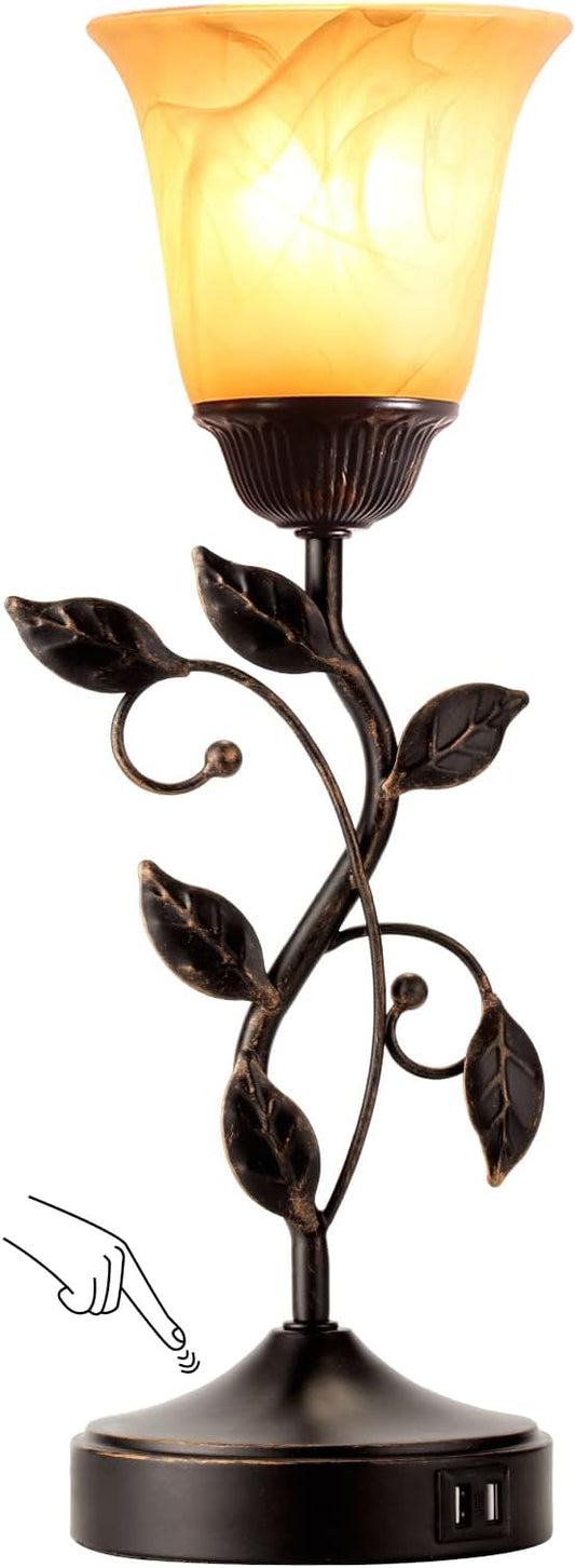 Touch Control Table Lamp with 2 USB Charging Ports, 3-Way Dimmable Bedside Nightstand Lamps, Amber Glass Shade Vintage Rural Leaf Lamp for Living Room, Bedroom, Dresser, LED Bulb Included (Bronze)