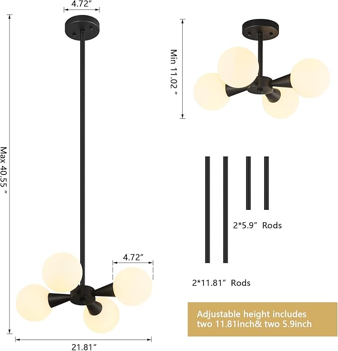 Modern Ceiling Light with Milk White Glass lampshade Black Semi Flush Mount Ceiling Light Fixture Sputnik Chandelier for Bedroom Living Room Dining Room Foyer Hallway(4-Lights)