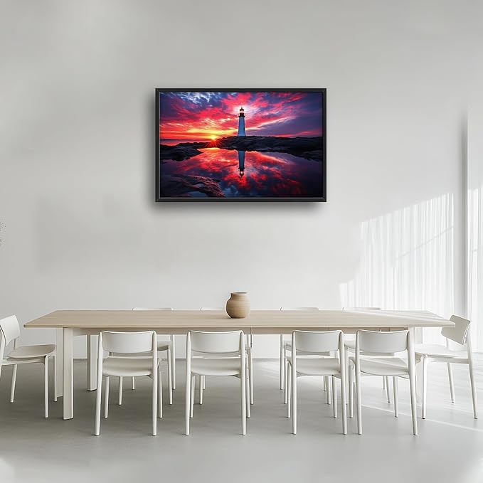 Olivine Lighthouse Wall Art, Nautical Coastal Pictures Wall Decor, Beach Sunset Paintings, Ocean Canvas Prints, Framed Artwork for Bathroom Bedroom Living Room Office Home Decoration 36"x24"