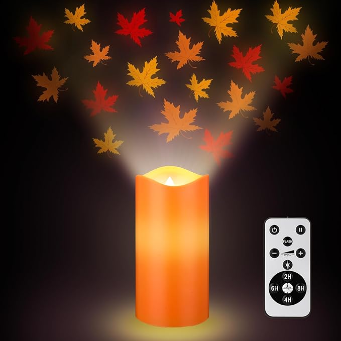 Fall Maple Leaf Flameless Candles Projector Lights Autumn LED Candle Night Light with Remote and Timer Battery Operated Electric Gifts for Fall Wedding Thanksgiving Harvest Halloween Decor