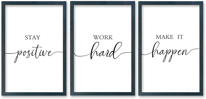 SRSZHIYUE Office Motivational Decor 16"×11" Set of 3 Stay Positive Work Hard Make It Happen Inspirational Quotes Wooden Framed Wall Hanging Art (Black)