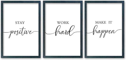 SRSZHIYUE Office Motivational Decor 16"×11" Set of 3 Stay Positive Work Hard Make It Happen Inspirational Quotes Wooden Framed Wall Hanging Art (Black)