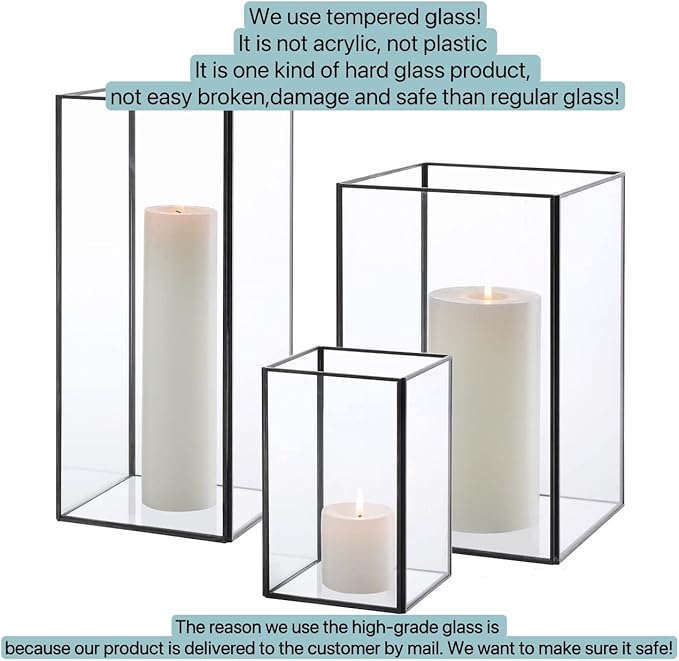 Set of 3 Square Glass Hurricane Candle Holders, Clear Glass Framed in Vintage Brass, Pefect for Spa, Hotel, Festival, Home Decoration,(Bronze Fram Finsh)