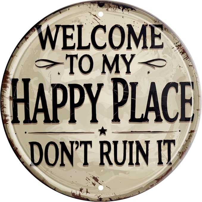 Welcome Sign for Front Door Round Metal Welcome to My Happy Place Plaque for Home Office Bedroom Kitchen Dining or Bar Decor 8x8 In