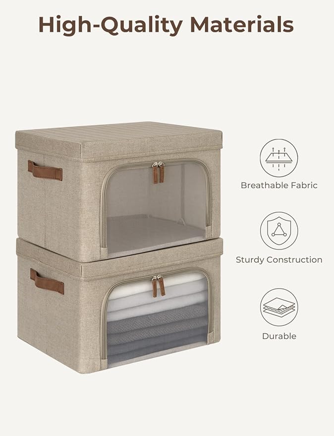 StorageWorks Storage Bins with Lids, Decorative Boxes with Clear Window for Clothes, Fabric Collapsible Baskets for Closet Organization, Medium, Brown, 3 Packs