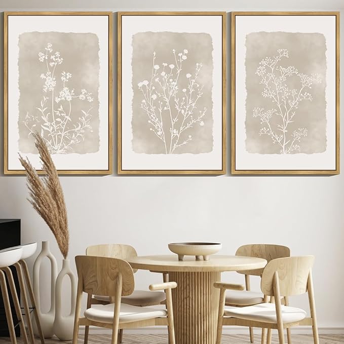 KUVIOKE Boho Botanical Flower Wall Art Framed Vintage Floral Wall Prints Wildflower Neutral Rustic Bohemain Artwork Kitchen Bedroom Decor 24x36in (Natural Framed)
