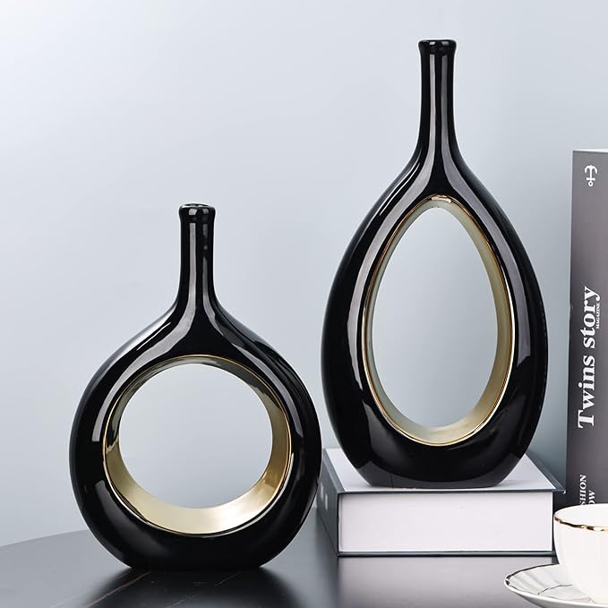 Black and Gold Vase Ceramic Black Vases Home Decor,Modern Minimalist Circle with Hole Decorative Vase, Hollow Ellipse Flower vases for Bookshelf, Fireplace Mantle, Centerpieces,Farmhouse,Rustic Décor