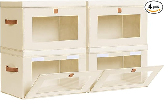 Collapsible Storage Bins - Large Closet Organizer with Handles & Window, Decorative Storage Boxes, Fabric Containers for Living Room, Dorm, 4 Pack, Beige