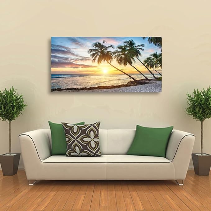 Beach Pictures Canvas Wall Art for Living room Bedroom Wall Decor,Palm Wall Art Print Paitnings for home Decor,Morden Artwork Sunset Coconut Tree Canvas Art Waterproof Stretched Ready to