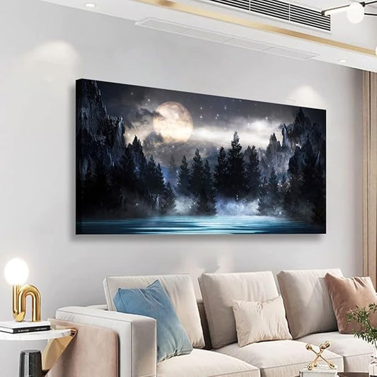 Mountain Moon Pictures Canvas Wall Art for Living room Office Bedroom Wall Decor,Moon Wall Art Print Paintings Modern Forest Nature Blue Lake Artwork Waterproof Ready to Hang-20x40inch