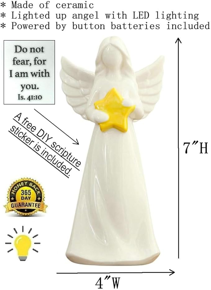 ADAVAS.Y&G Porcelain Angel Hold Star Collectible Figurines Guardian Angel Statue Lighted up Angel Night Light Angel lamp with DIY Bible Verse Do not Fear for I am with You 7inch High
