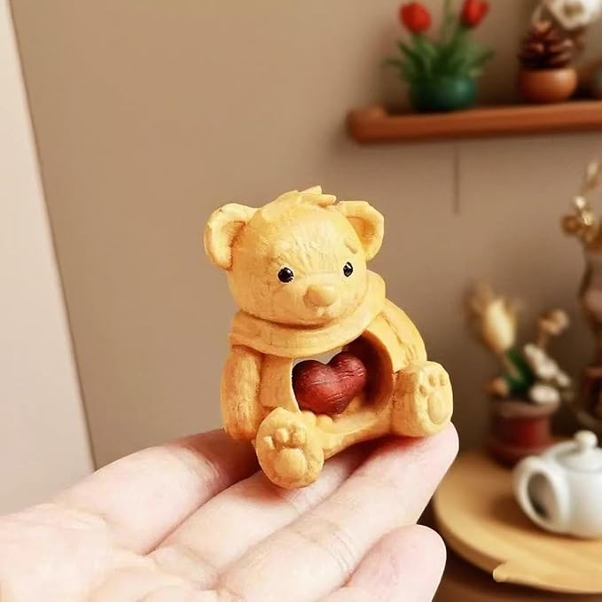 Cute Wooden Bear Figurine – Carved Hollow Love Bear Statue in Acrylic Display Box, Romantic Couples Gift for Anniversary, Valentine’s Day, Birthday, Unique Home & Office Shelf Decor