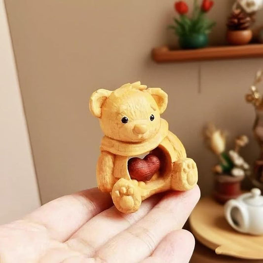 Cute Wooden Bear Figurine – Carved Hollow Love Bear Statue in Acrylic Display Box, Romantic Couples Gift for Anniversary, Valentine’s Day, Birthday, Unique Home & Office Shelf Decor
