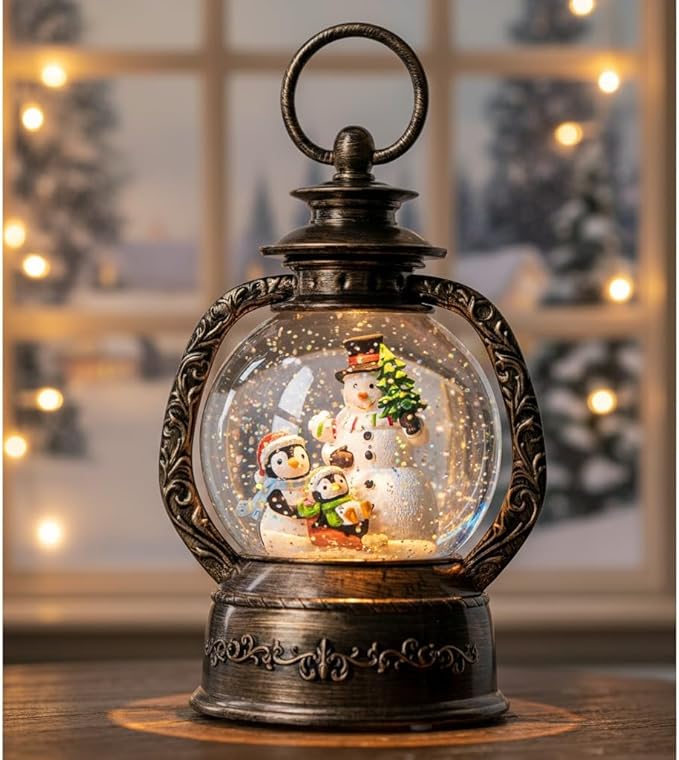 Christmas Snow Globe Lantern Water Glittering Snowman & Penguins with Music & Timer, USB Lined/Battery Operated Lighted Lantern for Christmas Festival Decoration Gifts
