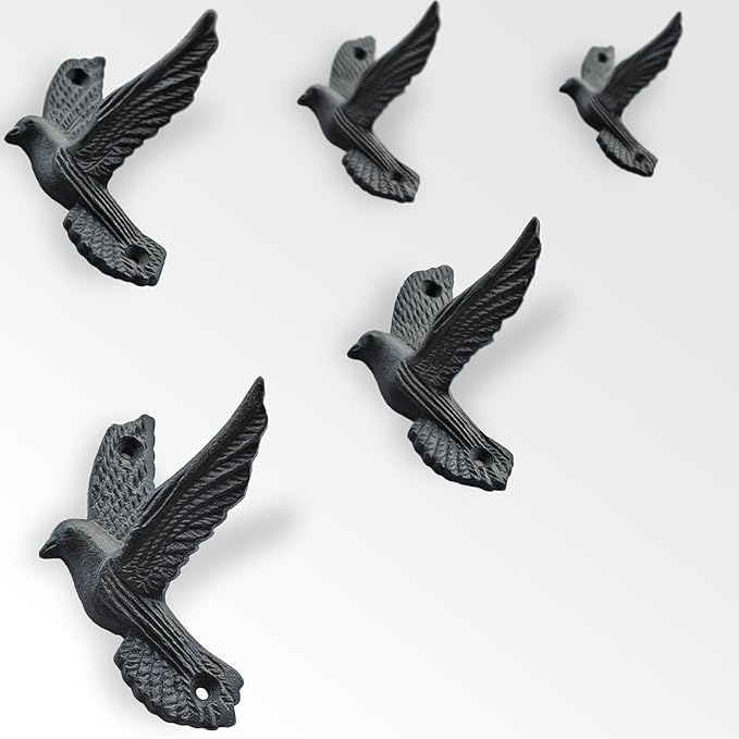 Ambipolar Flying Style Iron Cast Decorative Pigeon Bird Wall Mounted Coat Hooks, 5 Pieces, Black