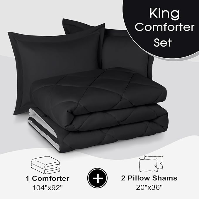 Basic Beyond King Size Comforter Set - Black Comforter Set King, Reversible King Bed Comforter Set for All Seasons, Black/Grey, 1 Comforter (104"x92") and 2 Pillow Shams (20"x36"+2")
