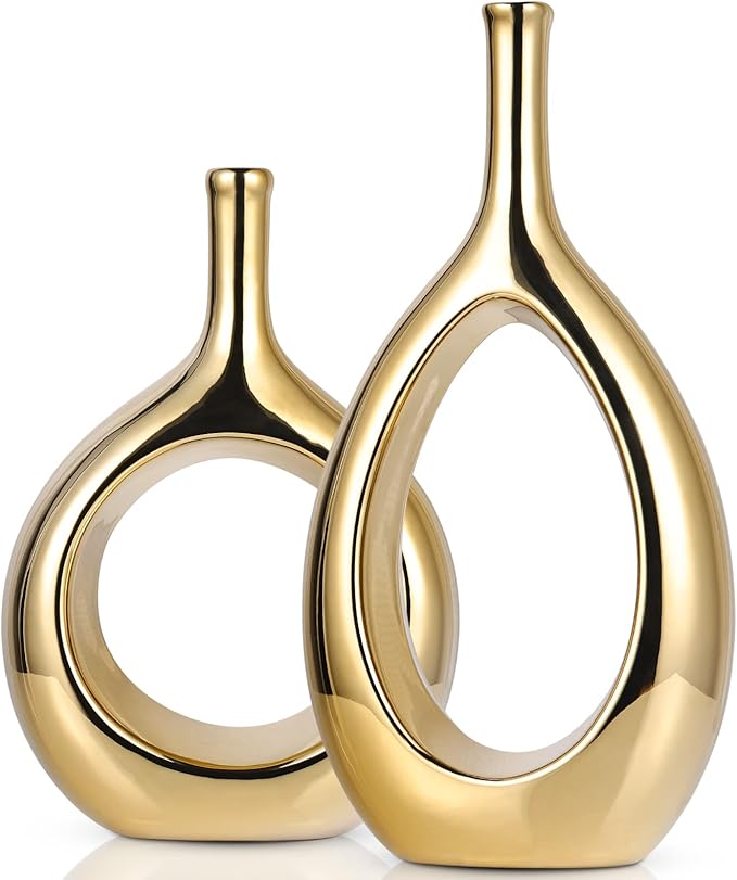 Glossy Gold Vase Ceramic Gold Vases Home Decor,Modern Minimalist Circle with Hole Decorative Vase, Hollow Ellipse Flower vases for Bookshelf, Fireplace Mantle, Centerpieces,Farmhouse,Rustic Décor