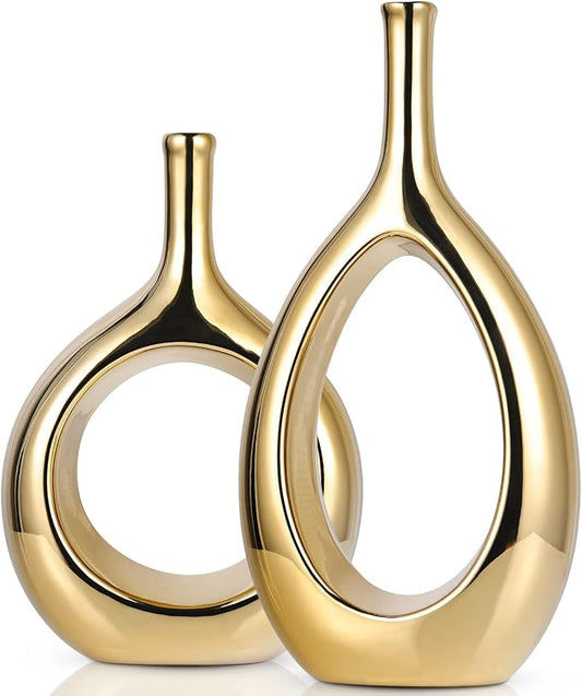Glossy Gold Vase Ceramic Gold Vases Home Decor,Modern Minimalist Circle with Hole Decorative Vase, Hollow Ellipse Flower vases for Bookshelf, Fireplace Mantle, Centerpieces,Farmhouse,Rustic Décor