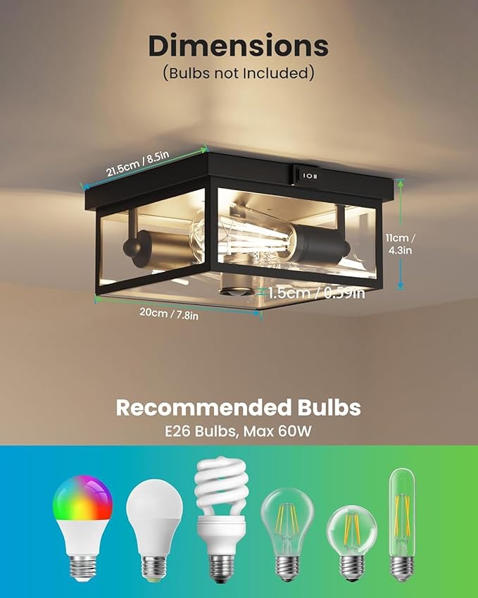 Outdoor Ceiling Light with Motion Sensor, Flush Mount Porch Light, Exterior Light Fixture with Clear Glass, Dusk to Dawn 2-Light Fixture for Patio,Porch (8.5 in)