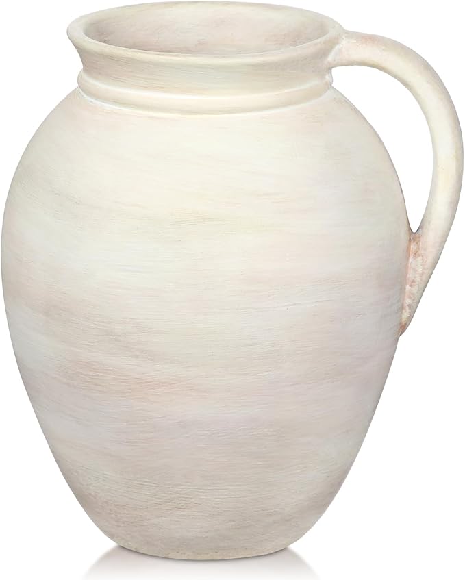 Ceramic Rustic Farmhouse Vase, 7.1" Pottery Beige Pitcher Vase for Flowers Pampas Grass Centerpieces Boho Modern Rustic Farmhouse Decor for Living Room Kitchen Countertop Entryway Dinner Table Shelf