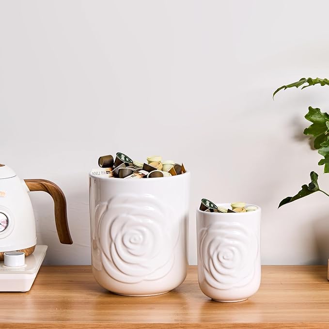 White Ceramic Utensil Holder Set of 2 - Rose Carved Design, Kitchen Countertop Utensil Organizer for Spatula, Spoon & Cooking Tools, Large (7.5") & Small (5.5"), Farmhouse Kitchen Counter Decor