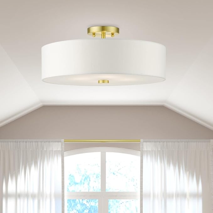 Livex Lighting 51055-12 Meridian Collection 4-Light Semi Flush Mount Ceiling Light with Off-White Hardback Fabric Shade, Satin Brass, 18 x 18 x 8.13