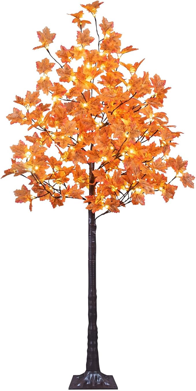 LIGHTSHARE 6FT 120LED Artificial Lighted Maple Tree Warm White Fall Decorations Indoor Ourdoor, Orange