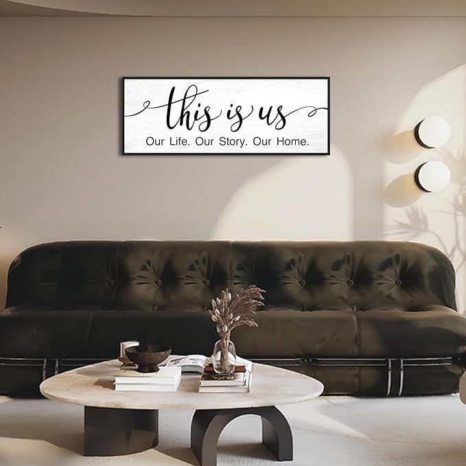 This is Us Wall Decor: 40x15 Inch Farmhouse Canvas Print Framed Family Sign for Living Room,Modern Minimalist Art with Quote Our Life Our Story Our Home Master Bedroom Wall Decor