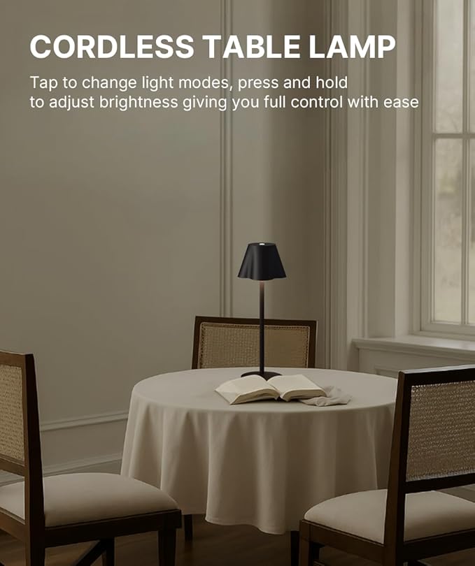 La Luz 13 inch Aluminum Cordless Table Lamps 5200 mAh Battery Operated, 3-Way Dimmable USB-C Port Rechargeable 3.5W Touch Light LED Lamp for Bedroom/Patio/Reading/Desk Black